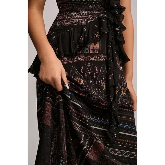 LET ME BE Women's Sheer Printed V-Neck Midi Dress Size L In Black - Picture 3 of 12